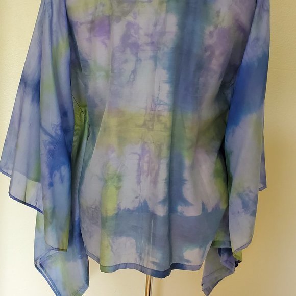 NEW Silk Caftan Kaftan top batwing shirt resort S M L XL green blue painted dyed - Picture 2 of 8